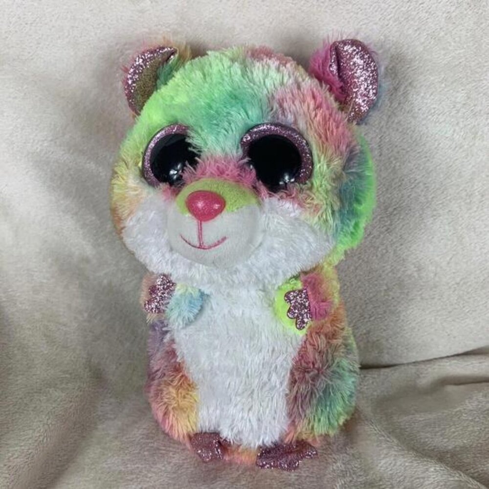 TY Beanie Boos Rodney Hamster Rainbow Multicolor Plush Big Eyes 9inchStuffed Toy
